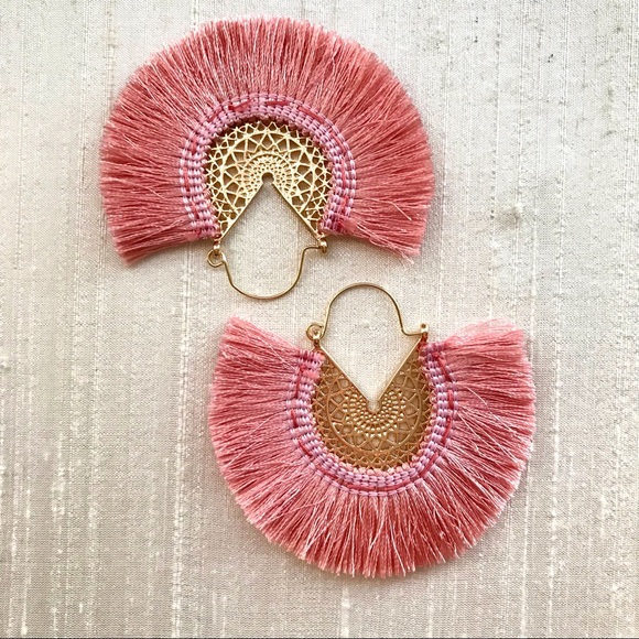 Filigree and Fringe Hoop Earrings - Pink - Picture 2 of 7